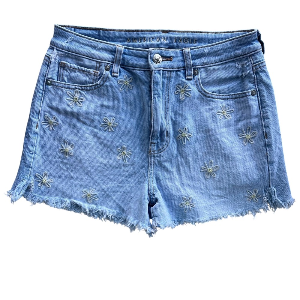 American Eagle Womens 2 Light Wash Denim Embroidered Daisy Frayed Hem Mom Shorts
